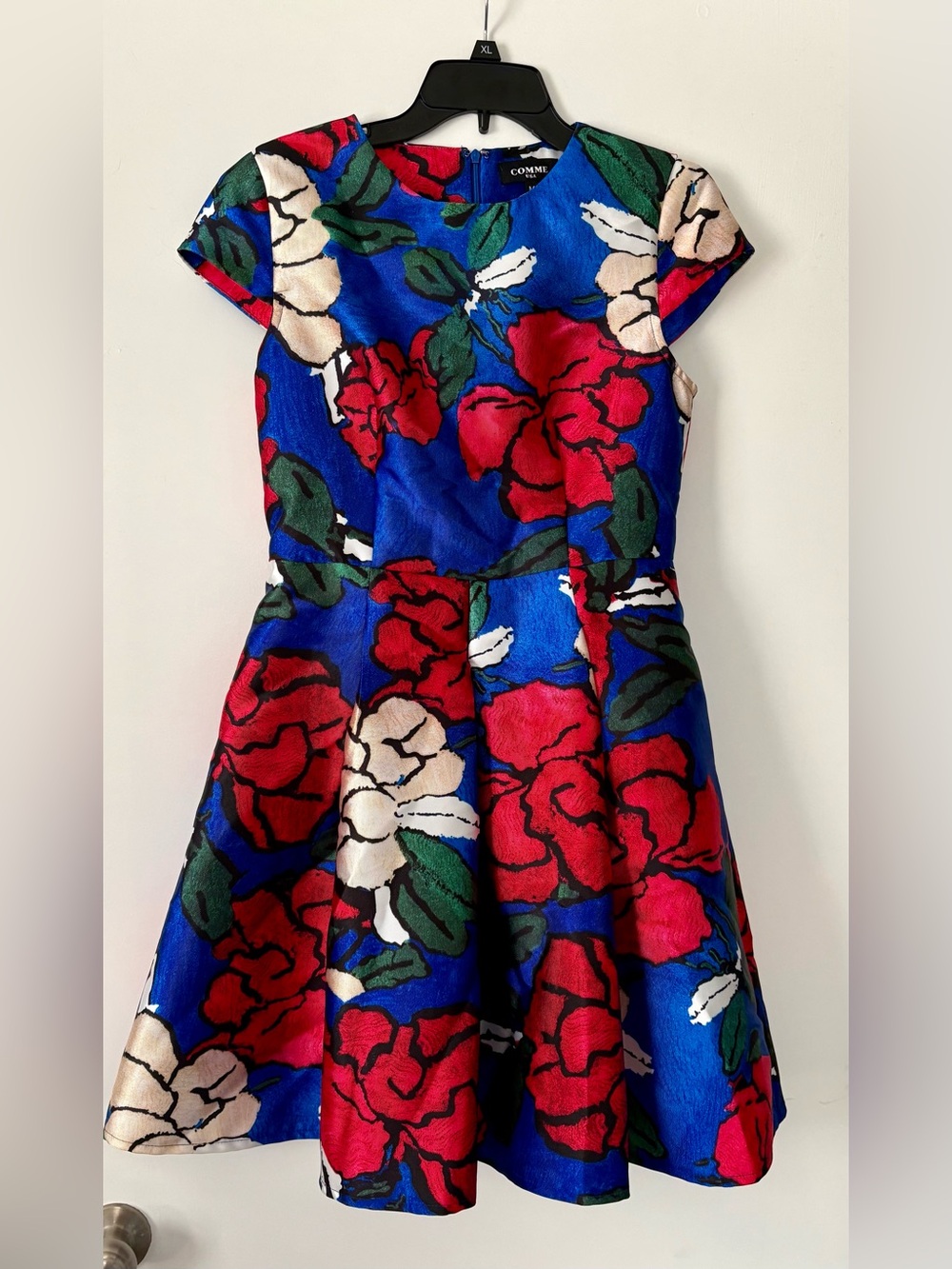 Comme Blue Floral Fit-and-Flare Dress with Red & Cream Blooms